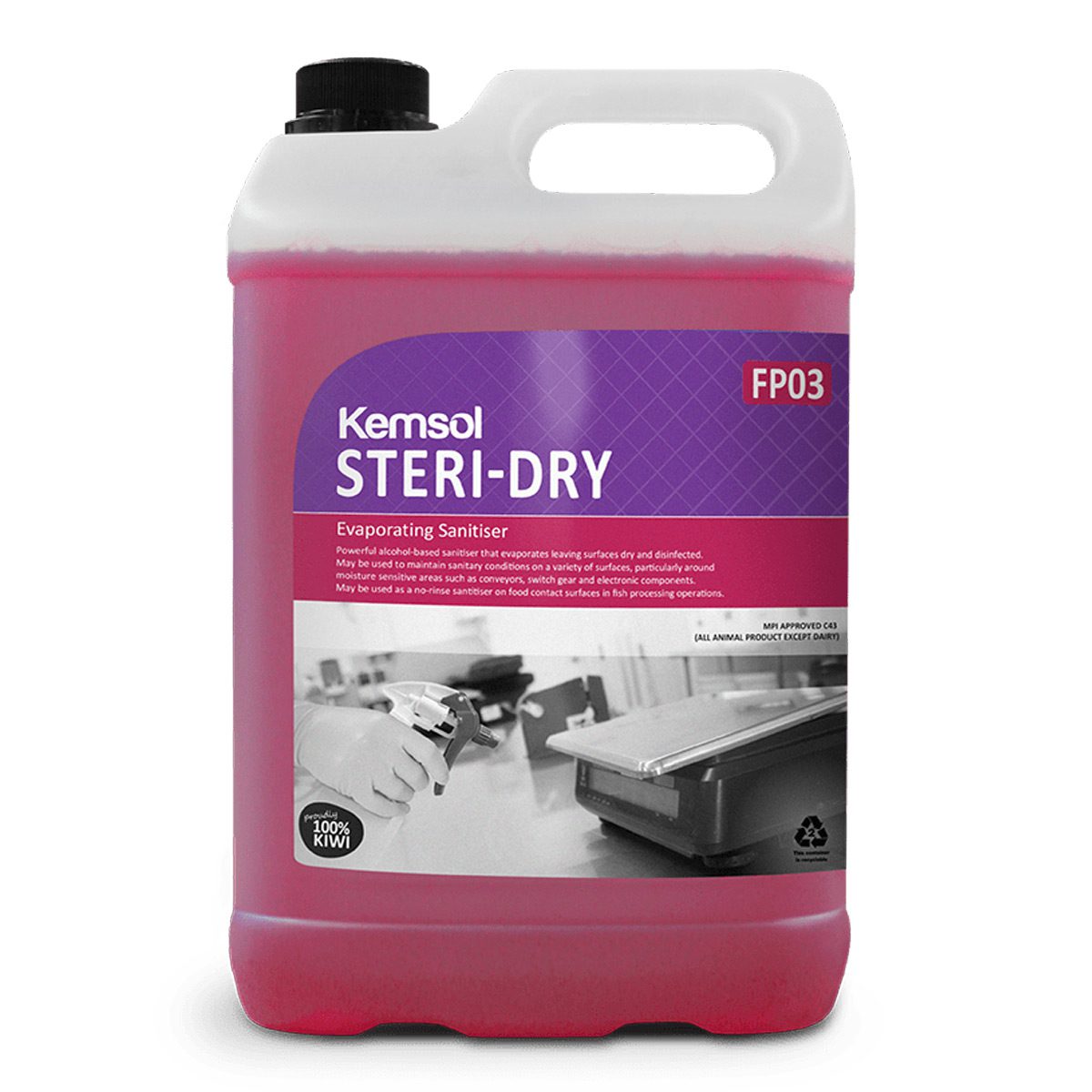 cleaning-products-disinfectants-and-sanitisers-kemsol-steri-dry-evaporating-sanitiser-5L-litre-alcohol-based-no-rinse-sanitiser-food-contact-surfaces-fish-processing-operations-vjs-distributors-KSTERI