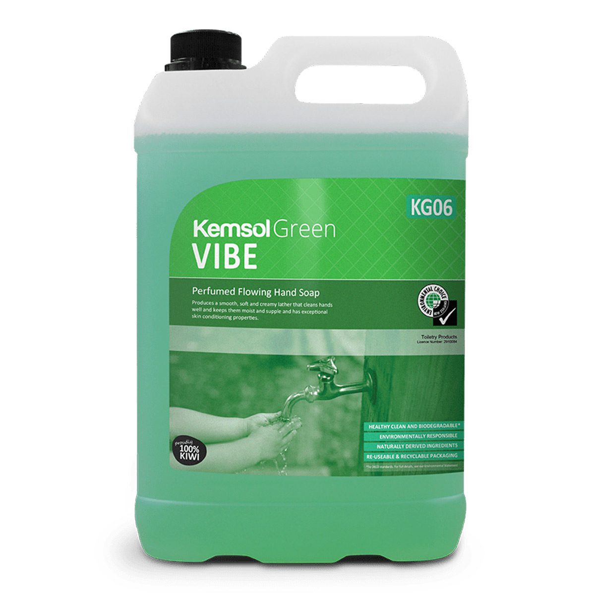 cleaning-products-environmental-kemsol-green-vibe-perfumed-flowing-hand-soap-5L-litre-smooth-soft-creamy-lather-cleans-hands-moist-supple-exceptional-skin conditioning-properties-vjs-distributors-KVIBE