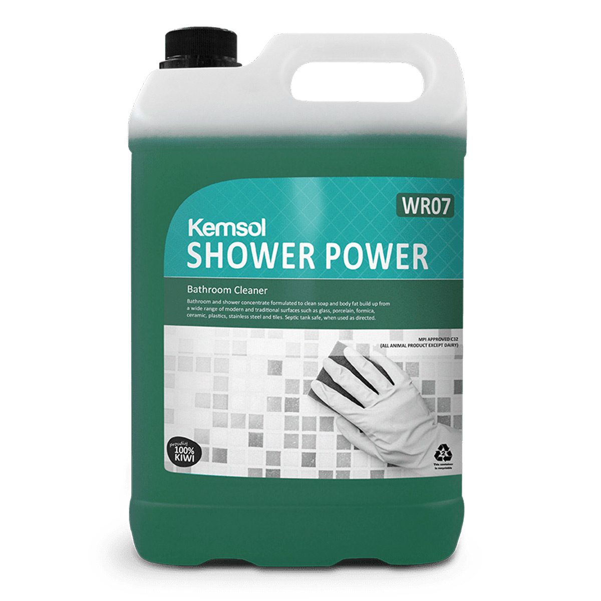 cleaning-products-washroom—kemsol-shower-power-5L-litre-bathroom-shower-concentrate-clean-soap-body-fat-buildup-glass-porcelain-formica-ceramic-plastics-stainless-steel-tiles-vjs-distributors-KSPOWER