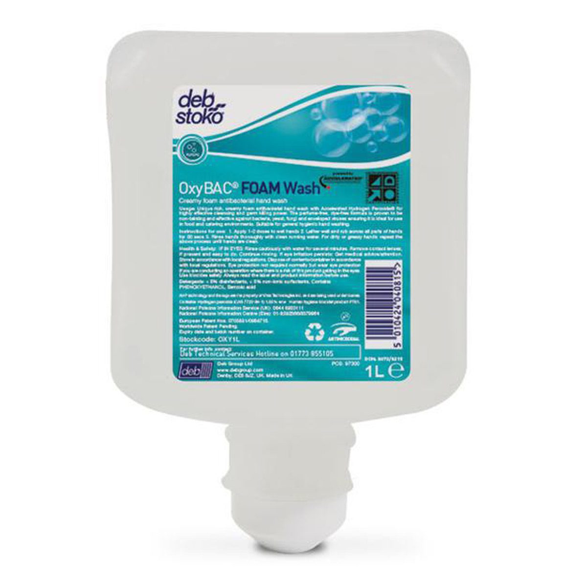 washroom-skincare-hand-soap-deb-stoko-oxy-bac-1L-litre-highly-effective-perfume-free-dye-free-antibacterial-foam-hand-wash-accelerated-hydrogen -peroxide-vjs-distributors-OXY1L