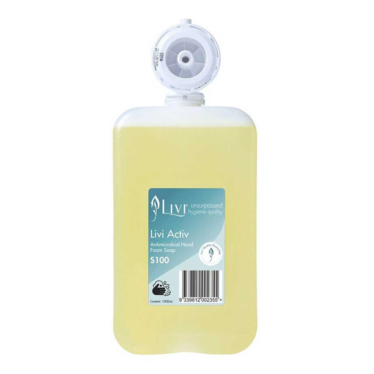 washroom-skincare-hand-soap-livi-anti-microbial-foaming-soap-1L-litre-superior-cost-in-use-savings-anti-microbial-formula-tough-on-germs-geca-certified-leaves-hands-soft-vjs-distributors-S100