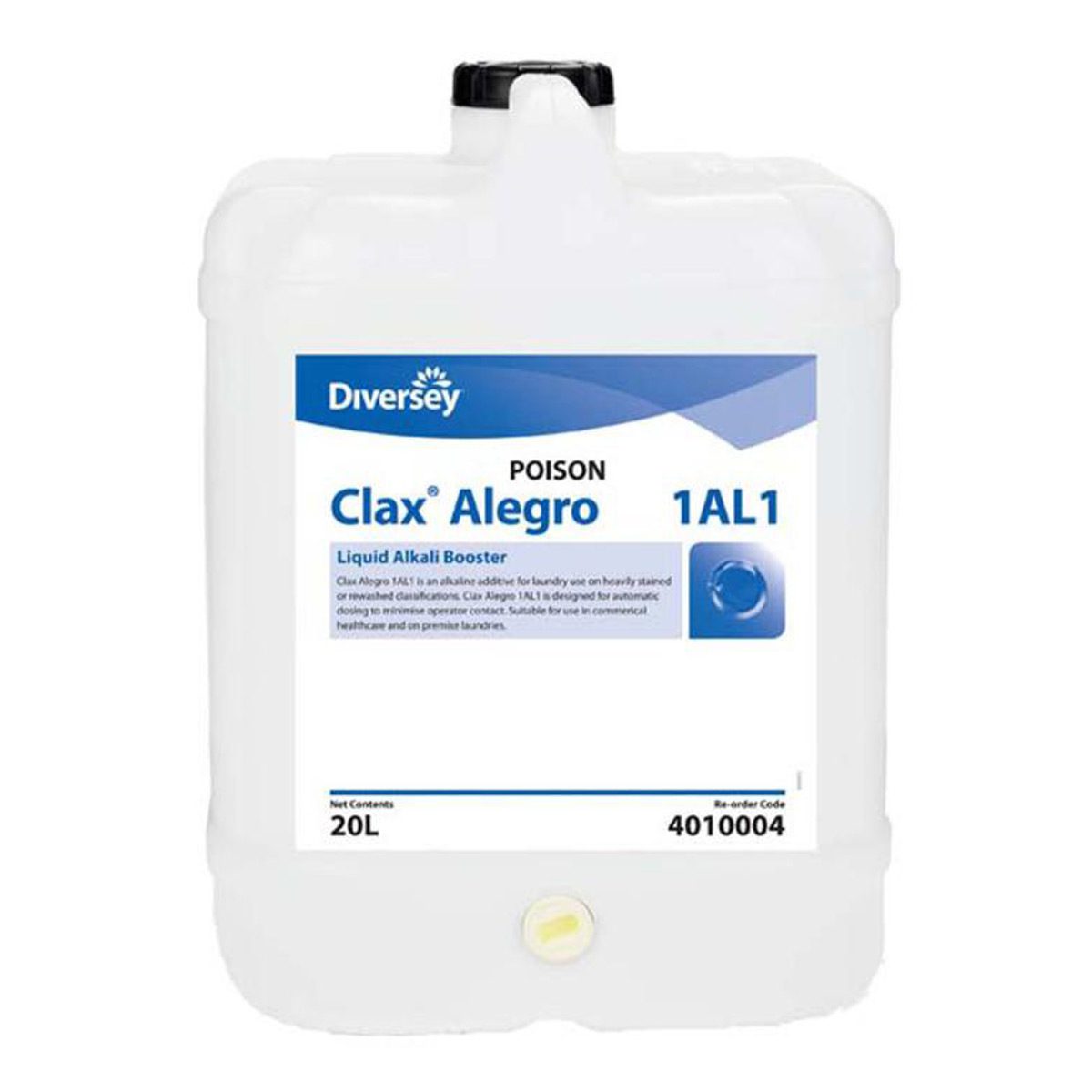 cleaning-products-laundry-diversey-clax-alegro-1al1-20L-litre-alkaline-additive-heavily-soiled-rewash-laundry-classifications-commercial-healthcare-laundries-heavily-soiled-vjs-distributors-4010024