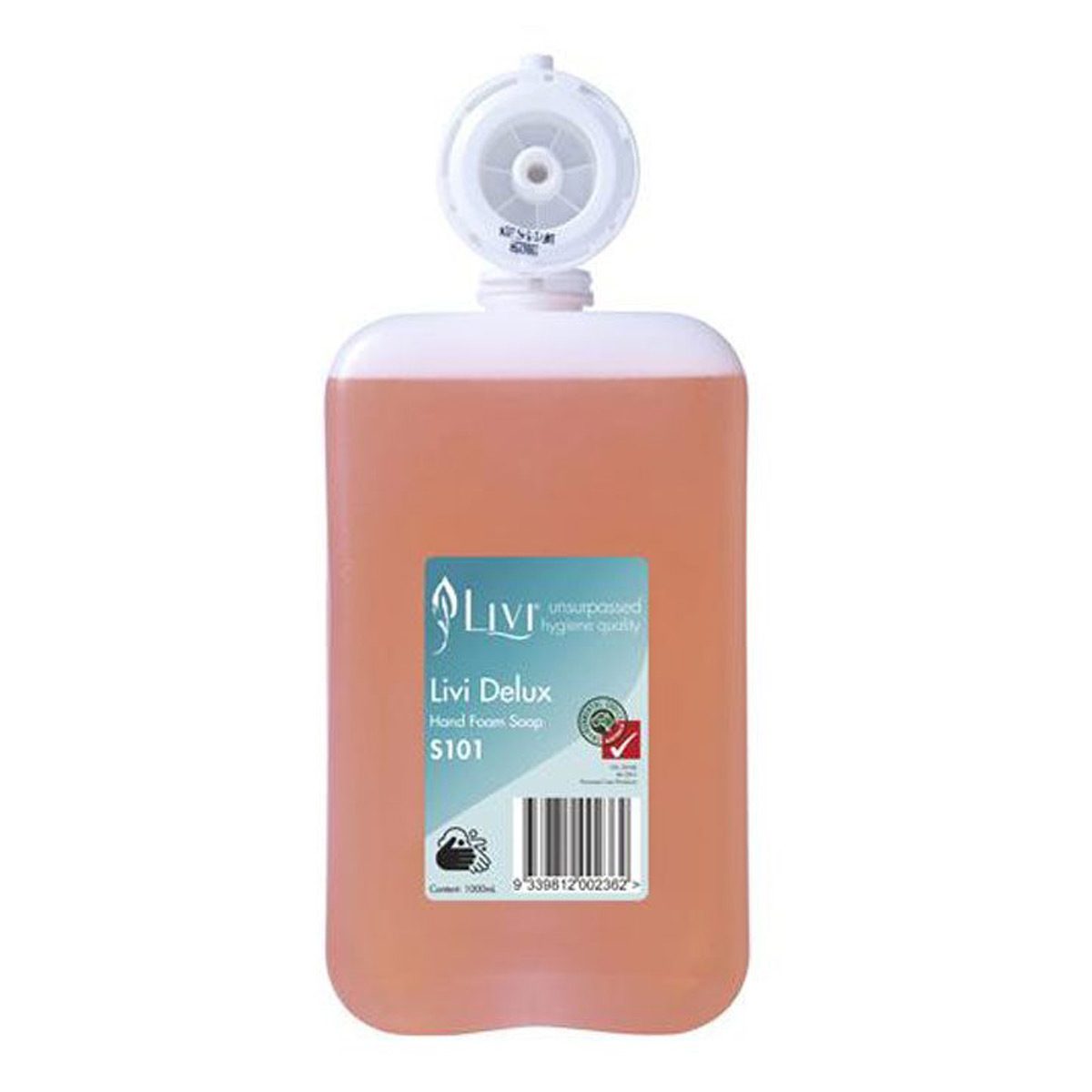 washroom-skincare-hand-soap-livi-deluxe-foaming-soap-1L-litre-superior-cost-in-use-savings-delicately-perfumed-formula-tough-on-germs-geca-certified-leaves-hands-soft-vjs-distributors-S101