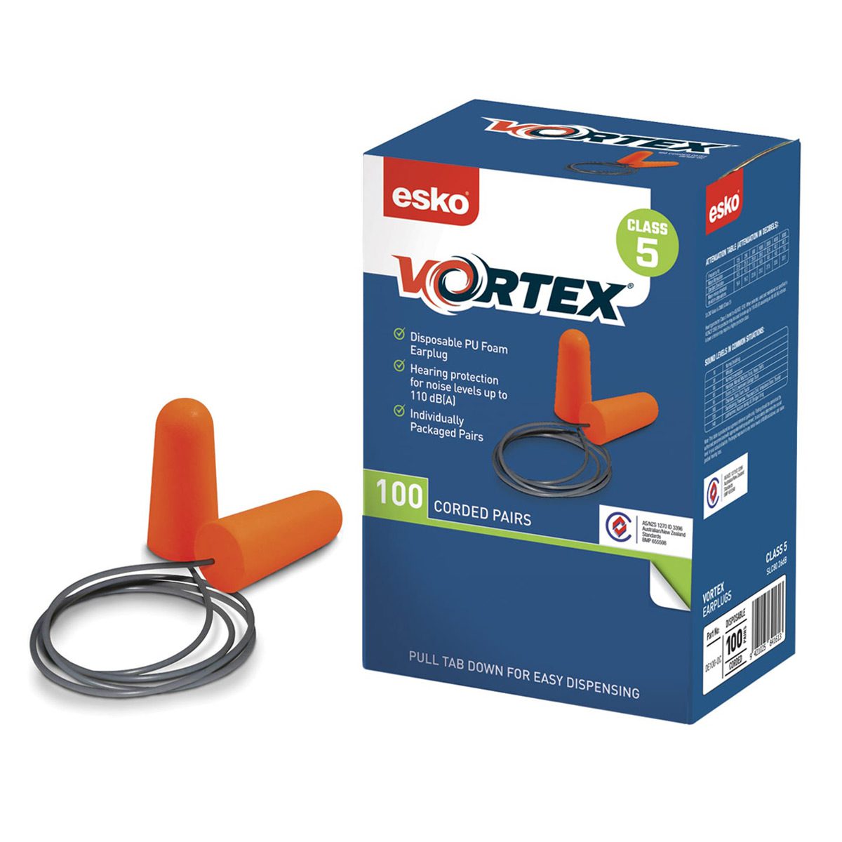 consumables-hospitality-safety-esko-vortex-corded-ear-plug-orange-x100-soft-easy-to-roll-positive-insertion-SLC80-26dB-protection-noise-levels-to-110-dB(A)-PU-foam-class-5-AS/NZS-vjs-distributors-DE100-OC