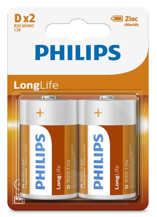 Phillips D Alkaline Battery - 2pk